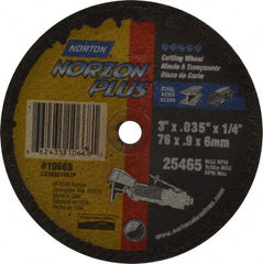 Norton - 3" Ceramic Cutoff Wheel - 0.035" Thick, 1/4" Arbor, 25,465 Max RPM, Use with Die Grinders - Exact Tooling