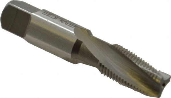 Emuge - 1/8-27 NPT, 15° Helix, 3 Flutes, Modified Bottoming Chamfer, Bright Finish, High Speed Steel, Spiral Flute Pipe Tap - Right Hand Flute, 7/16" Shank Diam, 3/4" Thread Length, 0.250-0.375" Projection, 0.328" Square Size, - Exact Tooling