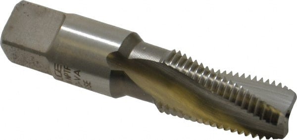 Emuge - 1/4-18 NPTF, 15° Helix, 3 Flutes, Modified Bottoming Chamfer, Bright Finish, High Speed Steel, Spiral Flute Pipe Tap - Right Hand Flute, 9/16" Shank Diam, 1.06" Thread Length, 0.397-0.521" Projection, 0.421" Square Size, - Exact Tooling
