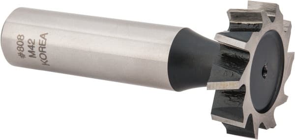 Interstate - 1" Diam x 1/4" Face Width, Cobalt, 12 Teeth, Shank Connection Woodruff Keyseat Cutter - Uncoated, 2-1/4" OAL x 1/2" Shank, Staggered Teeth, ANSI 808, Old Standard 15 - Exact Tooling