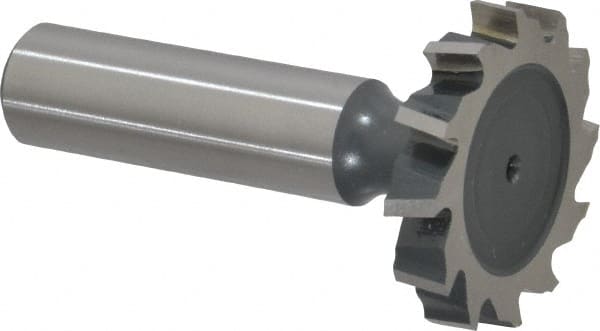 Interstate - 1-1/4" Diam x 7/32" Face Width, High Speed Steel, 14 Teeth, Shank Connection Woodruff Keyseat Cutter - Uncoated, 2-7/32" OAL x 1/2" Shank, Staggered Teeth, ANSI 710, Old Standard 20 - Exact Tooling