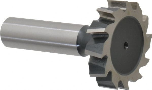 Interstate - 1-3/8" Diam x 5/16" Face Width, High Speed Steel, 14 Teeth, Shank Connection Woodruff Keyseat Cutter - Uncoated, 2-5/16" OAL x 1/2" Shank, Staggered Teeth, ANSI 1011, Old Standard 23 - Exact Tooling