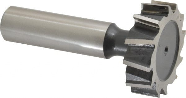 Interstate - 1-1/4" Diam x 3/8" Face Width, High Speed Steel, 14 Teeth, Shank Connection Woodruff Keyseat Cutter - Uncoated, 2-3/8" OAL x 1/2" Shank, Staggered Teeth, ANSI 1210, Old Standard E - Exact Tooling
