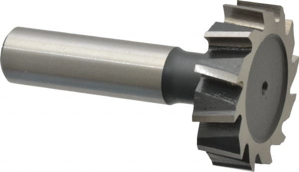 Interstate - 1-3/8" Diam x 3/8" Face Width, High Speed Steel, 14 Teeth, Shank Connection Woodruff Keyseat Cutter - Uncoated, 2-3/8" OAL x 1/2" Shank, Staggered Teeth, ANSI 1211, Old Standard F - Exact Tooling