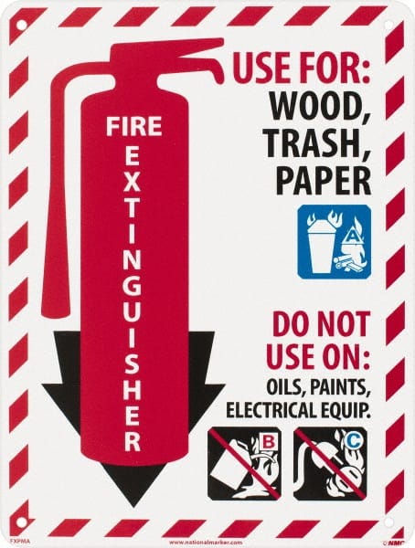 NMC - Fire Extinguisher - Use for: Wood, Paper, Trash - Do Not Use on: Oils, Paints, Electrical Equipment, Plastic Fire Sign - 9" Wide x 12" High - Exact Tooling