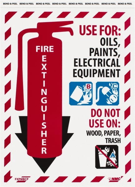 NMC - Fire Extinguisher - Use for: Oils, Paints, Electrical Equipment - Do Not Use on: Wood, Paper, Trash, Pressure Sensitive Vinyl Fire Sign - 9" Wide x 12" High - Exact Tooling