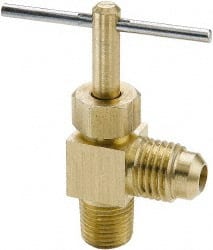 Parker - 3/8 x 1/4" Pipe, Angled Needle Valve - Flare x MNPTF Ends, Brass Valve, 150 Max psi - Exact Tooling