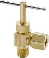 Parker - 3/8 x 1/4" Pipe, Angled Needle Valve - Compression x MNPTF Ends, Brass Valve, 150 Max psi - Exact Tooling