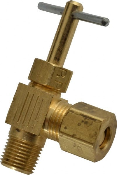 Parker - 1/4 x 1/8" Pipe, Angled Needle Valve - Compression x MNPTF Ends, Brass Valve, 150 Max psi - Exact Tooling