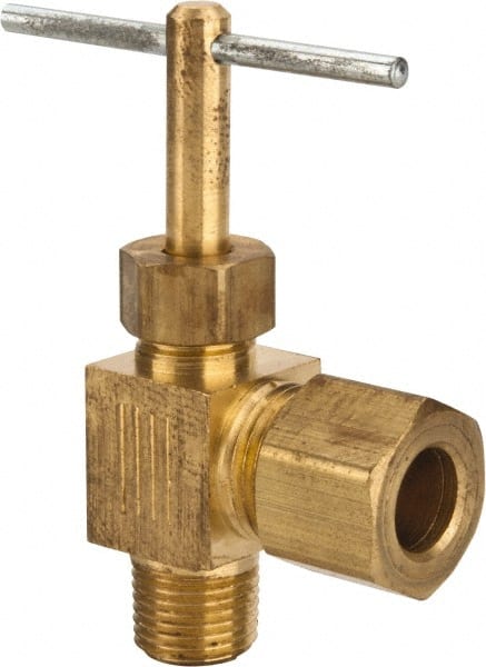 Parker - 5/16 x 1/8" Pipe, Angled Needle Valve - Compression x MNPTF Ends, Brass Valve, 150 Max psi - Exact Tooling