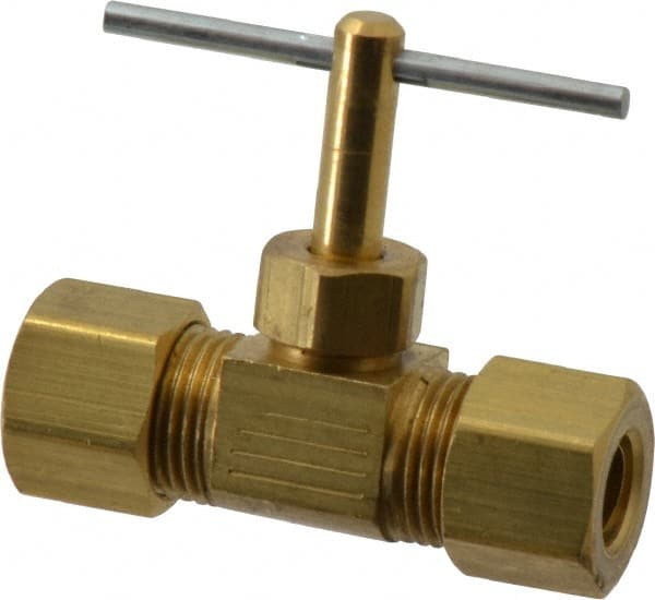 Parker - 5/16" Pipe, Inline Needle Valve - Compression x Compression Ends, Brass Valve, 150 Max psi - Exact Tooling