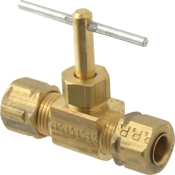Parker - 1/4" Pipe, Inline Needle Valve - Compression x Compression Ends, Brass Valve, 150 Max psi - Exact Tooling