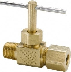 Parker - 3/8 x 1/4" Pipe, Inline Needle Valve - Compression x MNPTF Ends, Brass Valve, 150 Max psi - Exact Tooling
