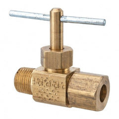 Parker - 1/4 x 1/8" Pipe, Inline Needle Valve - Compression x MNPTF Ends, Brass Valve, 150 Max psi - Exact Tooling