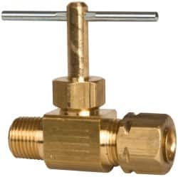 Parker - 3/8 x 1/4" Pipe, Inline Needle Valve - Compression x MNPTF Ends, Brass Valve, 150 Max psi - Exact Tooling