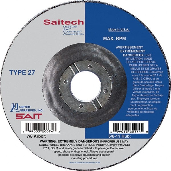 Sait - 5" Wheel Diam, 3/32" Wheel Thickness, 7/8" Arbor Hole, Type 27 Depressed Center Wheel - Ceramic, Resinoid Bond, 12,200 Max RPM, Compatible with Angle Grinder - Exact Tooling