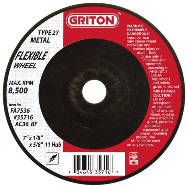 Value Collection - 36 Grit, 7" Wheel Diam, 1/8" Wheel Thickness, Type 27 Depressed Center Wheel - Aluminum Oxide, 8,500 Max RPM - Exact Tooling