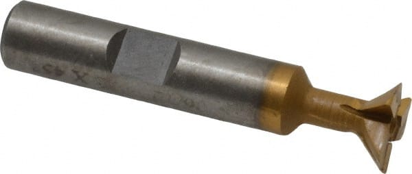 Made in USA - 1/2" Diam x 5/32" Width of Cut, 45° Included Angle, Carbide-Tipped Dovetail Cutter - 3/8" Shank Diam, 2-1/8" Overall Length, 0.02" Corner Radius, Weldon Flat, TiN Coated - Exact Tooling