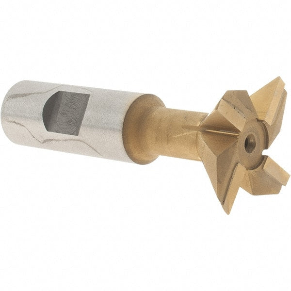 Made in USA - 1-1/2" Diam x 1/2" Width of Cut, 45° Included Angle, Carbide-Tipped Dovetail Cutter - 3/4" Shank Diam, 3-1/4" Overall Length, 0.02" Corner Radius, Weldon Flat, TiN Coated - Exact Tooling