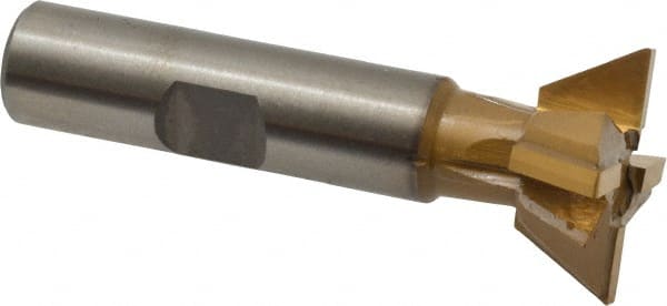 Made in USA - 1" Diam x 3/8" Width of Cut, 60° Included Angle, Carbide-Tipped Dovetail Cutter - 1/2" Shank Diam, 2-1/2" Overall Length, 0.02" Corner Radius, Weldon Flat, TiN Coated - Exact Tooling