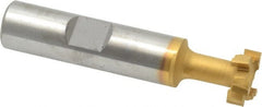 Made in USA - 9/16" Cut Diam, 15/64" Cut Width, 17/64" Neck Diam, 1/2" Shank Diam, 2-19/32" OAL, Carbide-Tipped T-Slot Cutter - TiN Finish, 1/4" Bolt, 1-13/16" Shank Length, Staggered Teeth, 6 Teeth, Weldon Flat - Exact Tooling