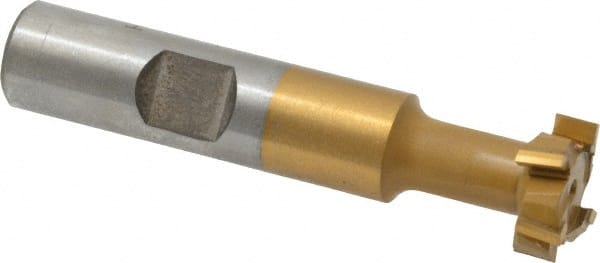 Made in USA - 21/32" Cut Diam, 17/64" Cut Width, 21/64" Neck Diam, 1/2" Shank Diam, 2-11/16" OAL, Carbide-Tipped T-Slot Cutter - TiN Finish, 5/16" Bolt, 1-13/16" Shank Length, Staggered Teeth, 6 Teeth, Weldon Flat - Exact Tooling