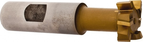 Made in USA - 31/32" Cut Diam, 25/64" Cut Width, 17/32" Neck Diam, 3/4" Shank Diam, 3-7/16" OAL, Carbide-Tipped T-Slot Cutter - TiN Finish, 1/2" Bolt, 2-1/16" Shank Length, Staggered Teeth, 6 Teeth, Weldon Flat - Exact Tooling