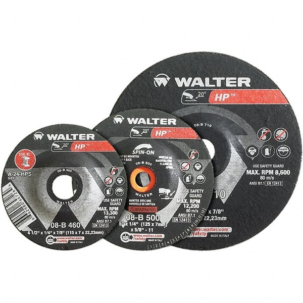 WALTER Surface Technologies - 24 Grit, 7" Wheel Diam, 1/4" Wheel Thickness, Type 28 Depressed Center Wheel - Aluminum Oxide, Resinoid Bond, 8,600 Max RPM - Exact Tooling