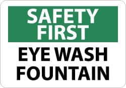 NMC - "Safety First - Eye Wash Fountain", 10" Long x 14" Wide, Pressure-Sensitive Vinyl Safety Sign - Rectangle, 0.004" Thick, Use for First Aid - Exact Tooling