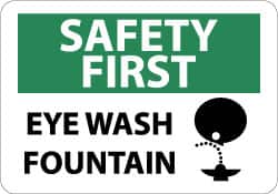NMC - "Safety First - Eye Wash Fountain", 10" Long x 14" Wide, Pressure-Sensitive Vinyl Safety Sign - Rectangle, 0.004" Thick, Use for First Aid - Exact Tooling