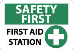 NMC - "Safety First - First Aid Station", 10" Long x 14" Wide, Rigid Plastic Safety Sign - Rectangle, 0.05" Thick, Use for First Aid - Exact Tooling
