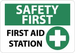 NMC - "Safety First - First Aid Station", 10" Long x 14" Wide, Pressure-Sensitive Vinyl Safety Sign - Rectangle, 0.004" Thick, Use for First Aid - Exact Tooling