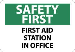 NMC - "Safety First - First Aid Station in Office", 10" Long x 14" Wide, Pressure-Sensitive Vinyl Safety Sign - Rectangle, 0.004" Thick, Use for First Aid - Exact Tooling