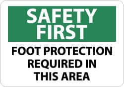 NMC - "Safety First - Foot Protection Required in This Area", 10" Long x 14" Wide, Pressure-Sensitive Vinyl Safety Sign - Rectangle, 0.004" Thick, Use for Accident Prevention - Exact Tooling