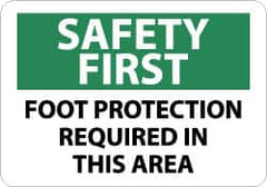NMC - "Safety First - Foot Protection Required in This Area", 10" Long x 14" Wide, Pressure-Sensitive Vinyl Safety Sign - Rectangle, 0.004" Thick, Use for Accident Prevention - Exact Tooling