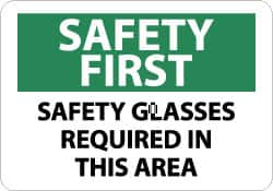 NMC - "Safety First - Safety Glasses Required in This Area", 10" Long x 14" Wide, Rigid Plastic Safety Sign - Rectangle, 0.05" Thick, Use for Accident Prevention - Exact Tooling