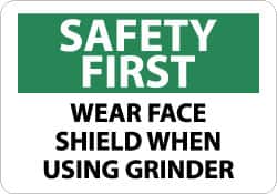 NMC - "Safety First - Wear Face Shield When Using Grinder", 10" Long x 14" Wide, Rigid Plastic Safety Sign - Rectangle, 0.05" Thick, Use for Accident Prevention - Exact Tooling