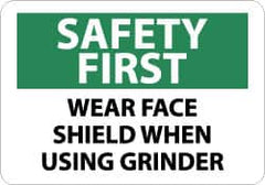 NMC - "Safety First - Wear Face Shield When Using Grinder", 10" Long x 14" Wide, Pressure-Sensitive Vinyl Safety Sign - Rectangle, 0.004" Thick, Use for Accident Prevention - Exact Tooling