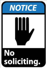 NMC - "Notice - No Soliciting", 14" Long x 10" Wide, Rigid Plastic Safety Sign - Rectangle, 0.05" Thick, Use for Security & Admittance - Exact Tooling