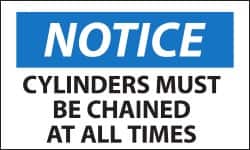 NMC - Accident Prevention Label, Header: NOTICE - Legend: Notice - Cylinders Must Be Chained at All Times, English, Black, Blue & White, 5" Long x 3" High, Sign Muscle Finish - Exact Tooling