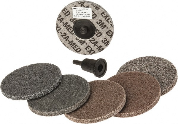 3M - 7 Piece Deburring Kit - 3" Diam Unitized Wheels in Fine, Medium & Coarse Grades, Quick Change Connection - Exact Tooling