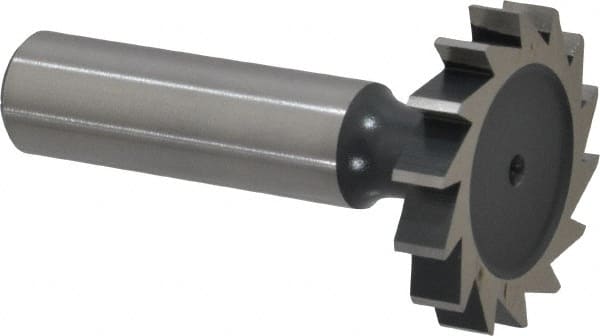 Interstate - 1-1/4" Diam x 7/32" Face Width, High Speed Steel, 14 Teeth, Shank Connection Woodruff Keyseat Cutter - Uncoated, 2-7/32" OAL x 1/2" Shank, Straight Teeth, ANSI 710, Old Standard 20 - Exact Tooling