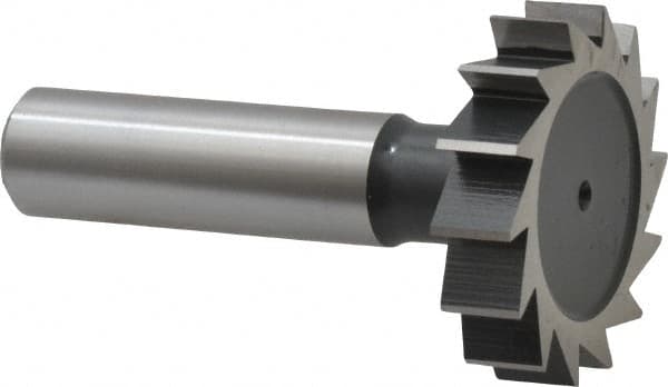 Interstate - 1-3/8" Diam x 5/16" Face Width, High Speed Steel, 14 Teeth, Shank Connection Woodruff Keyseat Cutter - Uncoated, 2-5/16" OAL x 1/2" Shank, Straight Teeth, ANSI 1011, Old Standard 23 - Exact Tooling