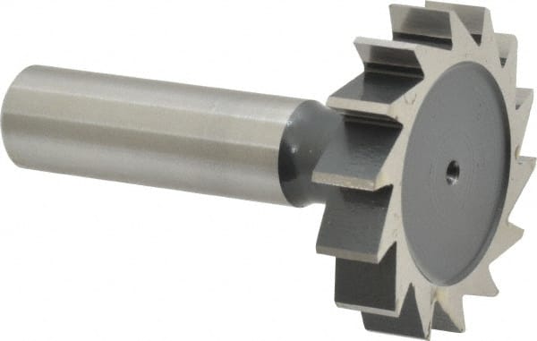 Interstate - 1-1/2" Diam x 5/16" Face Width, High Speed Steel, 16 Teeth, Shank Connection Woodruff Keyseat Cutter - Uncoated, 2-5/16" OAL x 1/2" Shank, Straight Teeth, ANSI 1012, Old Standard 25 - Exact Tooling