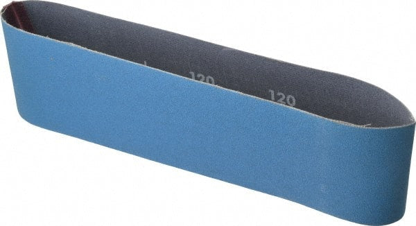 Norton - 3" Wide x 24" OAL, 120 Grit, Zirconia Alumina Abrasive Belt - Zirconia Alumina, Fine, Coated, Y Weighted Cloth Backing, Series 3X - Exact Tooling