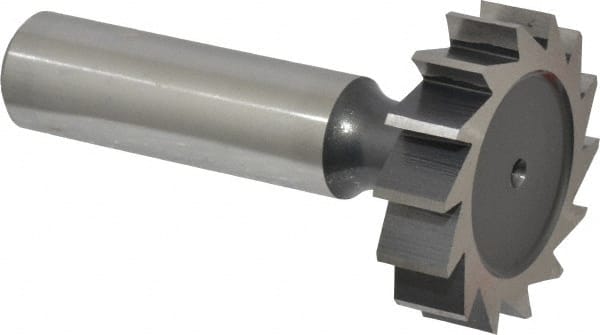 Interstate - 1-1/4" Diam x 5/16" Face Width, High Speed Steel, 14 Teeth, Shank Connection Woodruff Keyseat Cutter - Uncoated, 2-5/16" OAL x 1/2" Shank, Straight Teeth, ANSI 1010, Old Standard D - Exact Tooling