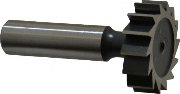 Interstate - 1-1/4" Diam x 3/8" Face Width, High Speed Steel, 14 Teeth, Shank Connection Woodruff Keyseat Cutter - Uncoated, 2-3/8" OAL x 1/2" Shank, Straight Teeth, ANSI 1210, Old Standard E - Exact Tooling