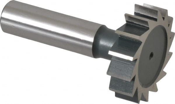 Interstate - 1-3/8" Diam x 3/8" Face Width, High Speed Steel, 14 Teeth, Shank Connection Woodruff Keyseat Cutter - Uncoated, 2-3/8" OAL x 1/2" Shank, Straight Teeth, ANSI 1211, Old Standard F - Exact Tooling