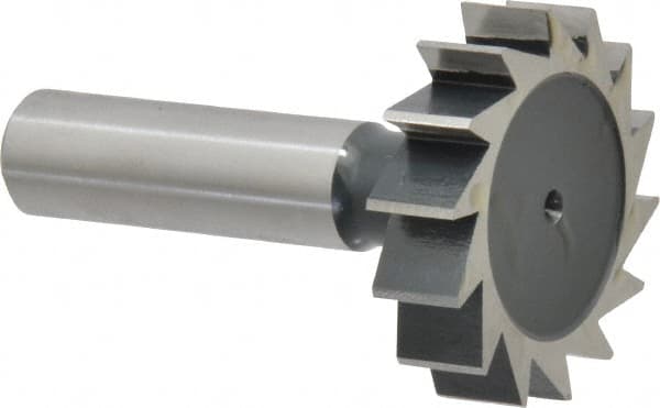 Interstate - 1-1/2" Diam x 3/8" Face Width, High Speed Steel, 16 Teeth, Shank Connection Woodruff Keyseat Cutter - Uncoated, 2-3/8" OAL x 1/2" Shank, Straight Teeth, ANSI 1212, Old Standard G - Exact Tooling