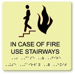 NMC - In Case of Fire - Use Stairway, Plastic Fire Sign - 8" Wide x 8" High, English/Braille, Glow-in-the-Dark - Exact Tooling